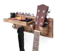 VINCOURNA Guitar Wall Mount With Shelf Wooden Guitar Holder Hanger & 3Hooks Multifunctional Rack Bracket Stand Easy Install For Electric Guitar Bass Acoustic Ukulele Violin Mandolin-Carbonized Black