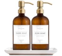 Vine Creations Amber Glass Soap Dispenser, 2 Pack Kitchen Soap Dispenser Set with Ceramic Tray, Stainless Steel Pump, Dish Soap and Hand Soap Dispensers for Bathroom Decor with Waterproof Labels