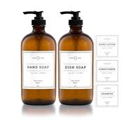Vine Creations Amber Glass Soap Dispenser, 2 Pack Kitchen Soap Dispenser Set with Rustproof Pump, 16 oz Dish Soap and Hand Soap Dispensers for Bathroom with Waterproof Labels
