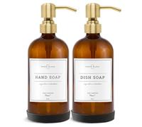 Vine Creations Amber Glass Soap Dispenser, 2 Pack Kitchen Soap Dispenser Set with Stainless Steel Pump, 16 oz Hand Soap Dispenser Bathroom, Dish Soap Dispenser for Kitchen with Waterproof Labels