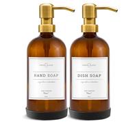 Vine Creations Amber Glass Soap Dispenser, 2 Pack Kitchen Soap Dispenser Set with Stainless Steel Pump, 16 oz Dish Soap and Hand Soap Dispensers for Bathroom with Waterproof Labels