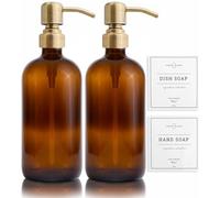 Vine Creations Amber Glass Soap Dispenser 2 Pack, Thick 16oz Bottles Rustproof Stainless Steel Pump, Kitchen Bathroom Accessories, Hand Soap Dish Soap Dispenser, with Waterproof Labels (Brushed Brass)