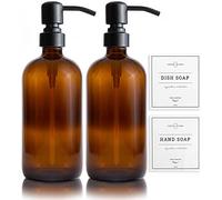 Vine Creations Amber Glass Soap Dispenser 2 Pack, Thick 16oz Bottles Rustproof Stainless Steel Pump, Modern Farmhouse Vintage Jar, Bathroom Kitchen Accessories, with Waterproof Labels (Matte Black)