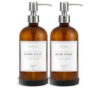 Vine Creations Amber Glass Soap Dispenser 2 Pack, Thick 16oz Bottles with Rustproof Stainless Steel Pump, Modern Farmhouse Vintage Jar, Bathroom Kitchen Accessories, Dish and Hand Soap Labels (Silver)