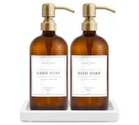 Vine Creations Amber Glass Soap Dispenser, 2 Pieces, Kitchen Soap Dispenser Set with Ceramic Bowl, Stainless Steel Pump, Dish Soap and Hand Soap Dispenser for Bathroom Decor with Waterproof Labels