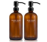 Vine Creations Amber Glass Soap Dispenser Set, Dish Soap and Hand Soap Dispenser Set with Stainless Steel Pump, 16 oz Glass Dispensers for Kitchen or Bathroom Decor (Amber Bottle/Matte Black Pump)