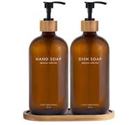 Vine Creations Amber Glass Soap Dispenser Set, Hand Soap and Dish Soap Dispenser Set with Bamboo Tray, 16 oz Glass Dispensers Bottle for Kitchen and Bathroom Decor Modern Boho with Bamboo Pump (Amber)