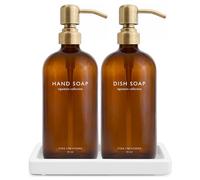 Vine Creations Amber Glass Soap Dispenser Set, Kitchen Soap Dispenser Set with Ceramic Tray, 16 oz Dish Soap and Hand Soap Dispensers with Stainless Steel Pump Decor (Amber Bottle/Brushed Brass)
