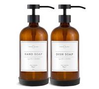 Vine Creations Amber Glass Soap Dispenser Set - Kitchen Soap Dispenser Set with Stainless Steel Pump - 16 oz Dish Soap and Hand Soap Dispensers for Bathroom with Silicone Pad & Waterproof Labels