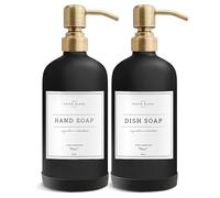Vine Creations Black Glass Soap Dispenser, 2 Pack Kitchen Soap Dispenser Set with Stainless Steel Pump, 16oz Hand Soap Dispenser Bathroom, Kitchen Dish Soap Dispenser with Waterproof Labels