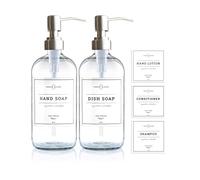 Vine Creations Clear Glass Soap Dispenser, 2 Pack Kitchen Soap Dispenser Set with Stainless Steel Pump, 16 oz Hand Soap or Dish Soap for Bathroom or Kitchen with Waterproof Labels