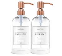Vine Creations Clear Glass Soap Dispenser Set, 2 Pack with Stainless Steel Pump, 16 oz Hand Soap Dispenser for Kitchen and Bathroom, Waterproof Labels