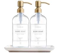 Vine Creations Glass Soap Dispenser, 2 Pack Kitchen Soap Dispenser Set with Ceramic Tray, Stainless Steel Pump, Dish Soap and Hand Soap Dispensers for Bathroom or Kitchen Decor with Waterproof Labels