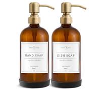 Vine Creations Glass Soap Dispenser, 2 Pack Kitchen Soap Dispenser Set with Stainless Steel Pump, 16 oz Dish Soap and Hand Soap Dispensers for Bathroom with Waterproof Labels and Protective Pads