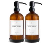 Vine Creations Glass Soap Dispenser, 2 Pack Kitchen Soap Dispenser Set with Stainless Steel Pump, 16 oz Dish Soap and Hand Soap Dispensers for Bathroom with Waterproof Labels and Protective Pads