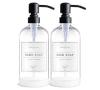 Vine Creations Glass Soap Dispenser, 2 Pack Kitchen Soap Dispenser Set with Stainless Steel Pump, 16 oz Dish Soap and Hand Soap Dispensers for Bathroom with Waterproof Labels and Protective Pads