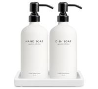 Vine Creations Glass Soap Dispenser Set, Kitchen Soap Dispenser Set with Ceramic Tray, 16 oz Dish Soap and Hand Soap Dispenser Set with Stainless Steel Pump Decor (White Bottle/Matte Black)