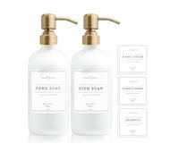 Vine Creations White Glass Soap Dispenser, 2 Pack Kitchen Soap Dispenser Set with Stainless Steel Pump, 16 oz Dish Soap and Hand Soap Dispensers for Bathroom with Waterproof Labels