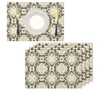 Vine Pattern Heat Resistant Placemats 45x30cm, Light Gray Washable Cotton Linen Anti-Slip Placemat Set of 6, Traditional Classic Placemats for Kitchen Dinning Party Wedding Table Decor