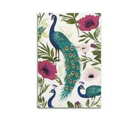 Vine Poppies Floral Wall Art, Vintage Peacock Bird Canvas Artwork, Aesthetic Hanging Paintings Poster, Exquisite Retro Nature Artwork Adding Elegant Artistic Ambiance to Bedroom Bathroom Living Room I