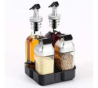 Vinegar, Oil, Salt and Pepper Dispenser Set - Vinegar Cruet Set - Glass Bottle, Stainless Steel - 5 Pieces-Style B