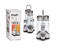 Vinegar oil set (160 ml) and salt and pepper shaker (40 ml) and stand, 5-piece set, size: 9.5 x 9.5 x 21.5 cm. Table set with vinegar oil or cruet for kitchen and catering, dishwasher safe.