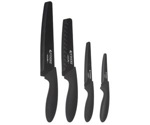 Viners Assure 4 Piece Knife Set Stainless Steel Blades with Squared Tips for Safety, Soft Grip Handles, Non-Stick Coating, Rust-Resistant, Includes Chef’s, Santoku, Utility & Paring Knives