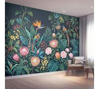 Vines Birds Classical Decoration Photo Mural 400 x 280 cm | Tropical Broadleaf Protea Peony Non-woven Wallpaper for wall surfaces in various rooms Navy Blue Wall Mural