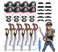VINEST 36PCS Pirate Party Decorations Set, Funny Pirate Accessories, Pirate Hat Kids, Eye Patch Kids with Fake Moustaches Inflatable Sword, for Birthday Party Halloween Role Play