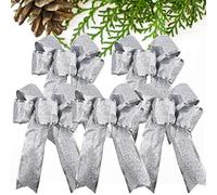 VINFUTUR 5pcs Large Glitter Christmas Bows - Silver, 25 × 20cm for Tree, Door, Wall & Presents