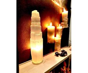 vingardium leviosa Pure Selenite Crystal Natural Light Mountain Tower Lamp Handmade Natural Energy Healing Clarity and Meditation Lamp Home Decoration TableLamp Mineral Christmas Occasion Gift (35cm)