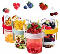 vingardium leviosa VL 4PCs Yogurt Pots Reusable 650ml Oats Container Lids with Spoon & Fork Breakfast to GO Cereal On the Lunch Box Oatmeal Jars, Set of 4(Red, Pink, Grey, Yellow) (Muesli-650)