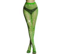 VINICUNCA Fishnet Stockings for Women Sparkly Rhinestone Fishnet Tights Glitter Fish Nets, Green-mini Grid -1, XX-Large-6X-Large