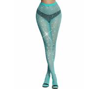 VINICUNCA Fishnet Stockings for Women Sparkly Rhinestone Fishnet Tights Glitter Fish Nets, Lake Blue, Medium-X-Large