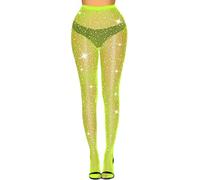 VINICUNCA Fishnet Stockings for Women Sparkly Rhinestone Fishnet Tights Glitter Fish Nets, Yellow-mini Grid, M-XL