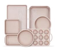 Vinino 8-Piece Baking Pans Set, Nonstick Bakeware Set with Silicone Muffin, Loaf, and Cake pans with Metal Reinforced Frame, Includes Carbon Steel Roasting Pan, Cookie Sheet, Cooling rack for Oven