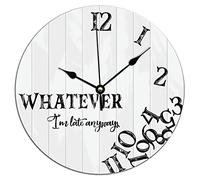 Vinisong 12x12in Rustic Decorative Wall Clock Whatever I'm Late Anyways PVC Clock for Wall Rustic Distressed White Wood Grain Decorations Clocks Round Battery Operated Clock for Bedroom