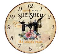 Vinisong 12x12in Rustic Wall Clock She Shed Sewing Machine with Floral PVC Clocks Welcome to My Sewing Room Clocks for Wall Tailor Sewing Knitting Clock for Kitchen Bedroom Office