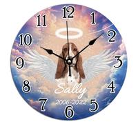 Vinisong Basset Hound with Wings Dog in Heaven Round PVC Clock 10x10in Quartz Battery Operated Hanging Wall Clock Custom Memorial Angel Dog Hanging Wall Clocks Pet Memorial Clock for Bedroom