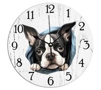 Vinisong Boston Terrier Peeking Dog in Crack Wall Clock Boston Terrier Round PVC Clocks for Wall Pet Owner Gift Clocks for Wall Battery Operated Silent Clock for Living Room 12x12in