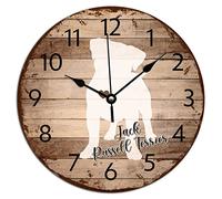 Vinisong Decorative Wall Clock Dog Silhouette Jack Russell Terrier Clocks Vintage Wood Grain Puppy Dog Mom Wall Clocks Quartz Silent PVC Art Clocks Country Tuscan Style Wall Clock 12x12in