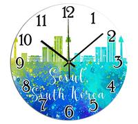 Vinisong Gift for Traveler Friends Wall Clock South Korea Seoul Skyline PVC Home Decor Wall Clocks South Korea Seoul Watercolor City Landscape Clock Non Ticking Silent Clocks for Wall 10x10in