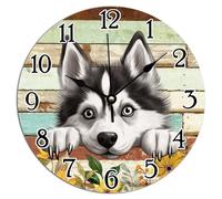 Vinisong Siberian Husky Dog Hanging Wall Clock Siberian Husky Dog Cute Funny Peeking Dog Puppy Round PVC Clocks Dog Mom Gift Home Decorations Clocks Battery Operated Wall Clock 12x12in