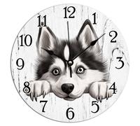 Vinisong Siberian Husky Dog PVC Wall Clocks 10x10in Battery Operated Hanging Wall Clock Siberian Husky Dog Cute Funny Peeking Dog Puppy Hanging Wall Clocks Pet Lover's Gift Clock for Home