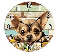 Vinisong Wall Clock Chihuahua Cute Funny Peeking Dog Puppy Clocks for Wall Chihuahua Clocks Battery Operated Silent Round PVC Wall Clock Dog Pet Portrait Wall Hanging Clock for Home 10x10in