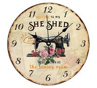 Vinisong Wall Clock She Shed Sewing Machine with Floral Clocks Welcome to My Sewing Room Wall Clocks Battery Operated Silent PVC Clocks for Wall Home Decor Sewing Room Wall Clock 10x10in