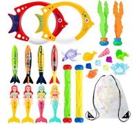 Vinitoy Diving Toys for Swimming Pool, 24 PCS Sinkers for Swimming Kids, Underwater Training Toys Diving Mermaids, Dive Sticks, Torpedo Bandits, Dive Seagrass, Diving Rings with Carrying Bag for Kids