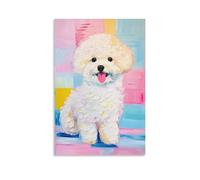 Vinkora Cute Bichon Frise Dog Wall Art Colorful Oil Painting Style Animal Poster with Pink Background Funny Pet Print for Kids Room Bathroom Or Dog Lover’s Décor Gift 12x18inch Unframe