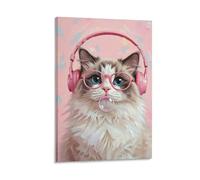 Vinkora Cute Cat Wall Art with Headphones Funny Pop Style Animal Poster Print for Teen Bedroom Music Lover Decor Pet-Themed Gift for Cat Owners And Kids Room Gift 08x12inch Frame