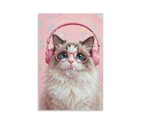 Vinkora Cute Cat Wall Art with Headphones Funny Pop Style Animal Poster Print for Teen Bedroom Music Lover Decor Pet-Themed Gift for Cat Owners And Kids Room Gift 24x36inch Unframe